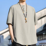 Buddha Stones Summer Casual Mandarin Collar Three Buttons Solid Men's Short Sleeve Shirts