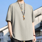 Buddha Stones Summer Casual Mandarin Collar Three Buttons Solid Men's Short Sleeve Shirts