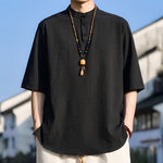 Buddha Stones Summer Casual Mandarin Collar Three Buttons Solid Men's Short Sleeve Shirts
