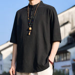 Buddha Stones Summer Casual Mandarin Collar Three Buttons Solid Men's Short Sleeve Shirts