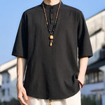 Buddha Stones Summer Casual Mandarin Collar Three Buttons Solid Men's Short Sleeve Shirts