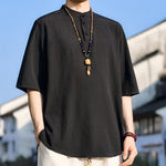 Buddha Stones Summer Casual Mandarin Collar Three Buttons Solid Men's Short Sleeve Shirts