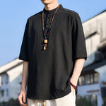 Buddha Stones Summer Casual Mandarin Collar Three Buttons Solid Men's Short Sleeve Shirts