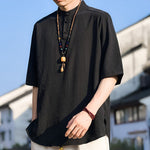 Buddha Stones Summer Casual Mandarin Collar Three Buttons Solid Men's Short Sleeve Shirts