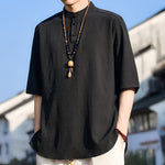 Buddha Stones Summer Casual Mandarin Collar Three Buttons Solid Men's Short Sleeve Shirts