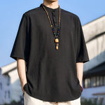 Buddha Stones Summer Casual Mandarin Collar Three Buttons Solid Men's Short Sleeve Shirts