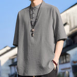 Buddha Stones Summer Casual Mandarin Collar Three Buttons Solid Men's Short Sleeve Shirts