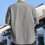 Buddha Stones Summer Casual Mandarin Collar Three Buttons Solid Men's Short Sleeve Shirts