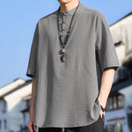 Buddha Stones Summer Casual Mandarin Collar Three Buttons Solid Men's Short Sleeve Shirts