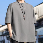 Buddha Stones Summer Casual Mandarin Collar Three Buttons Solid Men's Short Sleeve Shirts