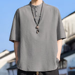 Buddha Stones Summer Casual Mandarin Collar Three Buttons Solid Men's Short Sleeve Shirts