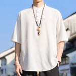 Buddha Stones Summer Casual Mandarin Collar Three Buttons Solid Men's Short Sleeve Shirts