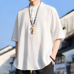 Buddha Stones Summer Casual Mandarin Collar Three Buttons Solid Men's Short Sleeve Shirts