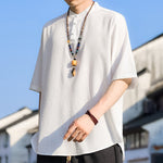 Buddha Stones Summer Casual Mandarin Collar Three Buttons Solid Men's Short Sleeve Shirts
