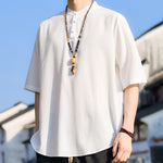 Buddha Stones Summer Casual Mandarin Collar Three Buttons Solid Men's Short Sleeve Shirts