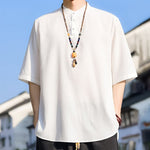 Buddha Stones Summer Casual Mandarin Collar Three Buttons Solid Men's Short Sleeve Shirts