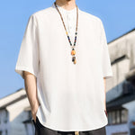 Buddha Stones Summer Casual Mandarin Collar Three Buttons Solid Men's Short Sleeve Shirts