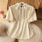 Buddha Stones Summer Crew Neck Front Pleats Lace-up Side Slit Solid Women's Short Sleeve Shirts