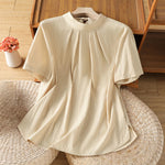 Buddha Stones Summer Crew Neck Front Pleats Lace-up Side Slit Solid Women's Short Sleeve Shirts