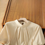 Buddha Stones Summer Crew Neck Front Pleats Lace-up Side Slit Solid Women's Short Sleeve Shirts