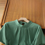 Buddha Stones Summer Crew Neck Front Pleats Lace-up Side Slit Solid Women's Short Sleeve Shirts