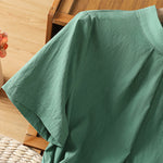 Buddha Stones Summer Crew Neck Front Pleats Lace-up Side Slit Solid Women's Short Sleeve Shirts