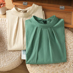 Buddha Stones Summer Crew Neck Front Pleats Lace-up Side Slit Solid Women's Short Sleeve Shirts