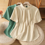 Buddha Stones Summer Crew Neck Front Pleats Lace-up Side Slit Solid Women's Short Sleeve Shirts