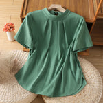Buddha Stones Summer Crew Neck Front Pleats Lace-up Side Slit Solid Women's Short Sleeve Shirts
