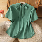 Buddha Stones Summer Crew Neck Front Pleats Lace-up Side Slit Solid Women's Short Sleeve Shirts