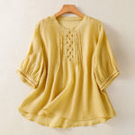 Buddha Stones Summer Casual Solid Embroidery Pleated Front Women's Short Sleeve T-Shirts