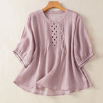 Buddha Stones Summer Casual Solid Embroidery Pleated Front Women's Short Sleeve T-Shirts