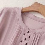 Buddha Stones Summer Casual Solid Embroidery Pleated Front Women's Short Sleeve T-Shirts