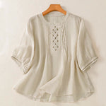Buddha Stones Summer Casual Solid Embroidery Pleated Front Women's Short Sleeve T-Shirts