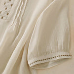 Buddha Stones Summer Casual Solid Embroidery Pleated Front Women's Short Sleeve T-Shirts
