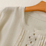 Buddha Stones Summer Casual Solid Embroidery Pleated Front Women's Short Sleeve T-Shirts