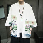 Buddha Stones Summer Casual Lotus Leaves Butterfly Crane Print Open Front Men's Kimono