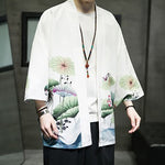 Buddha Stones Summer Casual Lotus Leaves Butterfly Crane Print Open Front Men's Kimono