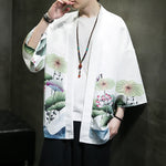Buddha Stones Summer Casual Lotus Leaves Butterfly Crane Print Open Front Men's Kimono