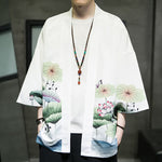 Buddha Stones Summer Casual Lotus Leaves Butterfly Crane Print Open Front Men's Kimono