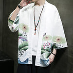 Buddha Stones Summer Casual Lotus Leaves Butterfly Crane Print Open Front Men's Kimono
