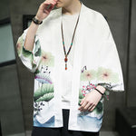 Buddha Stones Summer Casual Lotus Leaves Butterfly Crane Print Open Front Men's Kimono