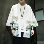 Buddha Stones Summer Casual Lotus Leaves Butterfly Crane Print Open Front Men's Kimono