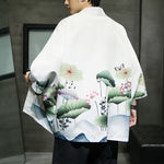 Buddha Stones Summer Casual Lotus Leaves Butterfly Crane Print Open Front Men's Kimono