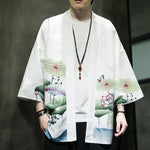 Buddha Stones Summer Casual Lotus Leaves Butterfly Crane Print Open Front Men's Kimono