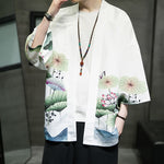 Buddha Stones Summer Casual Lotus Leaves Butterfly Crane Print Open Front Men's Kimono