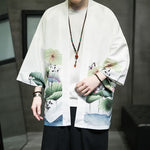 Buddha Stones Summer Casual Lotus Leaves Butterfly Crane Print Open Front Men's Kimono