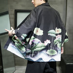 Buddha Stones Summer Casual Lotus Leaves Butterfly Crane Print Open Front Men's Kimono