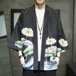 Buddha Stones Summer Casual Lotus Leaves Butterfly Crane Print Open Front Men's Kimono