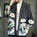 Buddha Stones Summer Casual Lotus Leaves Butterfly Crane Print Open Front Men's Kimono